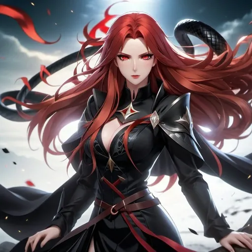 Prompt: A powerful, professional, beautiful sorceress with long straight blood-red hair, dark red eyes. Black eyeshadow with black lipstick. She is summoning a large black snake familiar to fight in the middle of a battle. Pale skin and a black dress. Highres, detailed, 8K, UHD, anime style, full body.