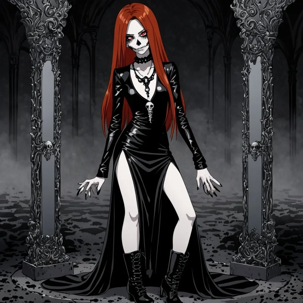 Prompt: Appearance = Feminine, very pale, high cheekbones, angular face, Short, 5'6", slender, honey brown eyes, long and straight bright red hair, long nails, insane, madwoman, not mentally well. 
Outfit = Form fitting low cut long sleeve black dress with two side slits. Durable black knee-high leather boots. Silver necklace with an ornate skull pendant.
Makeup = Dark black gothic eyeshadow, heavy black eyeliner, black lipstick, black nail polish.
anime, girl, detailed,