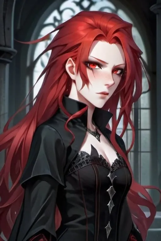 Prompt: A sorceress with long straight blood-red hair, dark red eyes, and gothic eyeshadow with pale skin and a black dress.