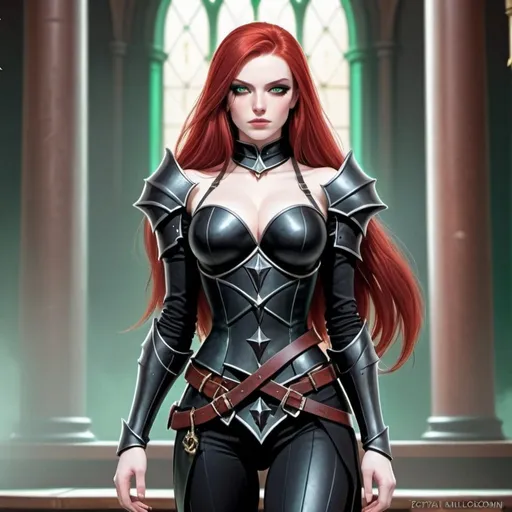 Prompt: Female, dark black eyeshadow, dark black armor, dark black attire, dark black leather, hourglass figure, rugged scarring, pale skin, NO scars on face, bright emerald green eyes, long blood-red hair, zoomed out, full body, inside royal hall background