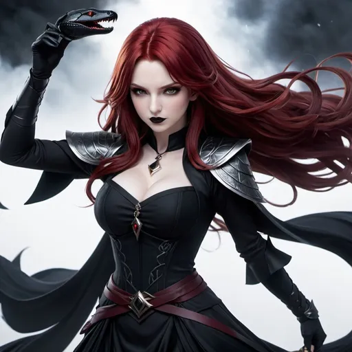 Prompt: A powerful, professional, beautiful sorceress with long straight blood-red hair, dark red eyes. Black eyeshadow with black lipstick. She is summoning a black snake familiar in the middle of a battle. Pale skin and a black dress. Highres, detailed, 8K, UHD, anime style, full body.