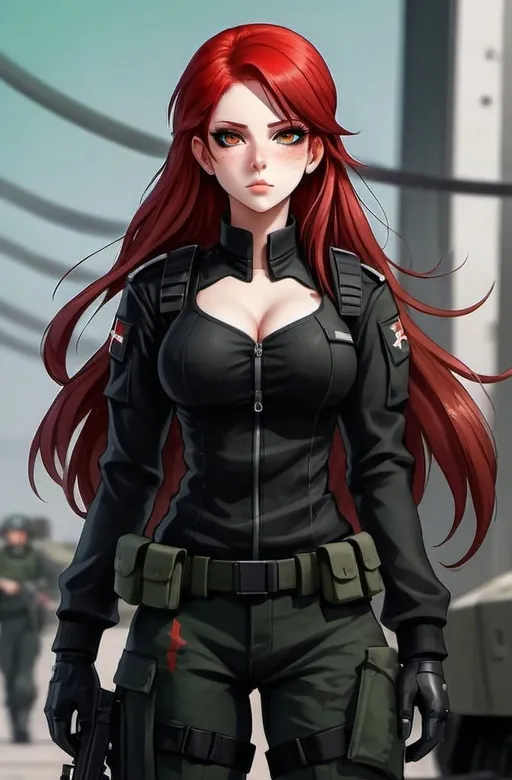 Prompt: Female, modern soldier, black eyeshadow, dark black combat gear, dark black attire, hourglass figure, bright emerald green eyes, long blood-red hair, zoomed out, full body, inside military background, HQ, 8k, High-res