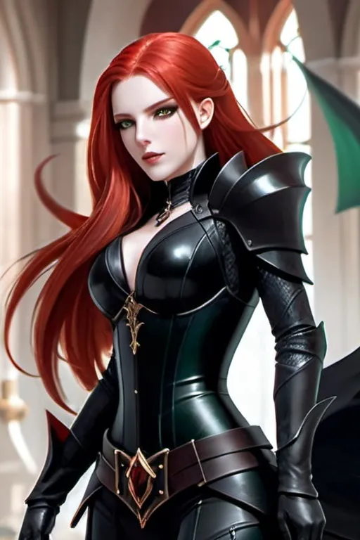 Prompt: Female, fantasy, dark black eyeshadow, dark black armor, dark black attire, dark black leather, hourglass figure, rugged scarring, pale skin, NO scars on face, bright emerald green eyes, long blood-red hair, zoomed out, full body, inside royal hall background, HQ, 8k, High-res