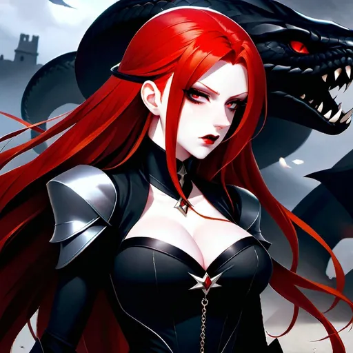 Prompt: A sorceress with long straight blood-red hair, dark red eyes. Black eyeshadow and black lipstick. She is fighting alongside her large black snake familiar in the middle of a war torn battlefield on the ground. Pale skin and a black dress. Highres, detailed, 8K, UHD, anime style, full body, show the battlefield and the large snake.