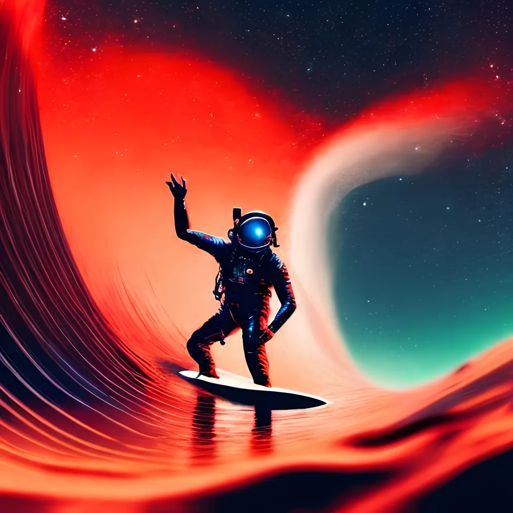 Prompt: Space man surfing on a red neon mars ocean wave 