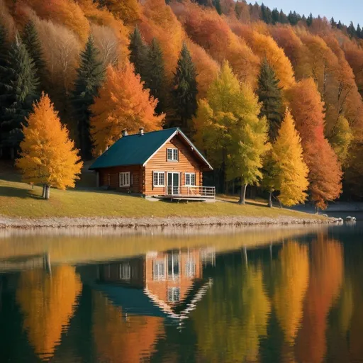 Prompt: A cabin by a lake with a small boat on the lake and ripples on the water in Autumn