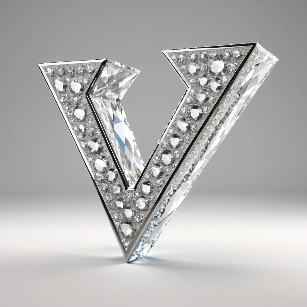 Prompt: a huge free standing diamond letter V on a while background

