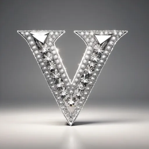 Prompt: a huge free standing diamond letter V on a while background 

