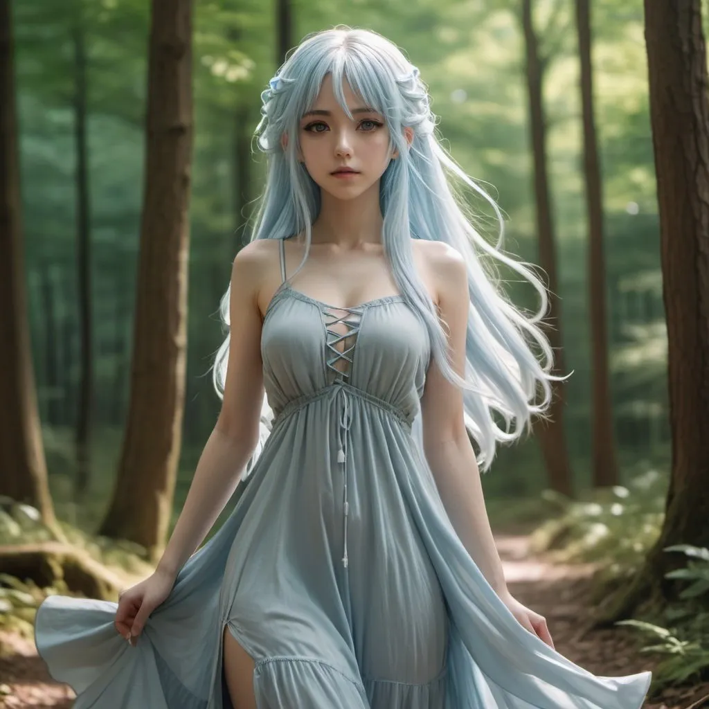 Prompt: Anime woman with long pale blue hair and light brown eyes, wearing flowy dress, full body view, extremely detailed, during the day, forest, extremely detailed anime eyes and face, anime style, cinematic lighting, 8k uhd, dslr, soft lighting, high quality, film grain, Fujifilm XT3