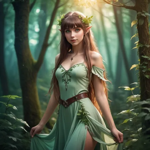 Prompt: Young beautiful elf woman with long brown hair with bangs, piercing hazel eyes, delicate, dress, high quality, anime style, full body, vibrant tones, dramatic lighting, fantasy setting, happy gaze, fantasy, forest magic, plant magic, professional