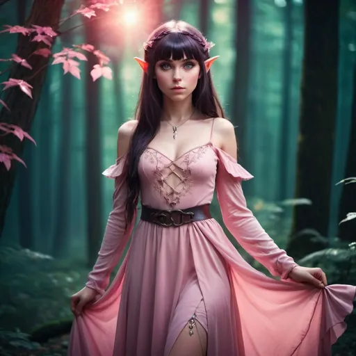 Prompt: Young beautiful elf woman with long dark brown hair with bangs, piercing pink eyes, delicate, dress, high quality, anime style, full body, vibrant tones, dramatic lighting, fantasy setting, fantasy, forest magic, professional