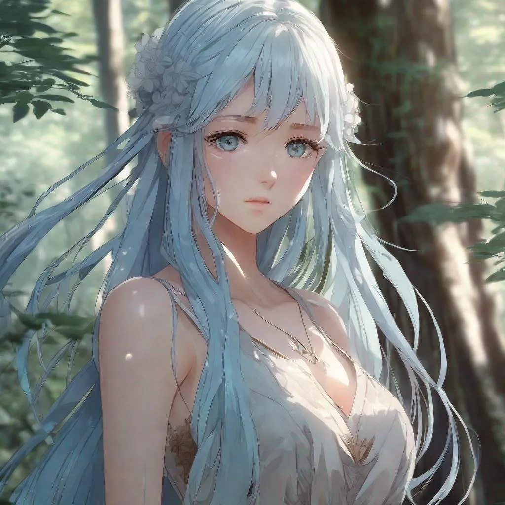 Prompt: Anime woman with long pale blue hair and light brown eyes, wearing flowy dress, full body view, extremely detailed, during the day, forest, extremely detailed anime eyes and face, anime style, cinematic lighting, 8k uhd, dslr, soft lighting, high quality, film grain, Fujifilm XT3