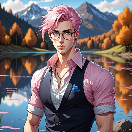 Prompt: <mymodel> Young man, slicked back pink hair, dark blue eyes with glasses. At a lake
