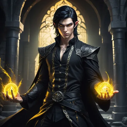 Prompt: Young handsome elf man with medium length black hair, one side shaven, piercing yellow eyes, powerful wizard, black outfit, tattoos, high quality, anime style, full body, fighting, vibrant tones, dramatic lighting, fantasy setting, intense gaze, fantasy, castle, evil, magical aura, professional