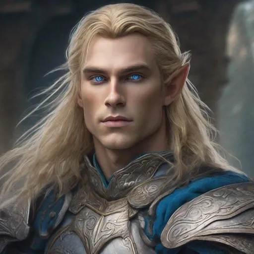 Prompt: "A close-up photo of a handsome elf man with long blonde hair, blue eyes, wearing armor, in hyperrealistic detail, with a slight hint of seriousness in his eyes. His face is the center of attention, with a sense of allure and mystery that draws the viewer in, but his eyes are also slightly downcast, as if a sense of seductiveness is lingering in his thoughts. The detailing of his face and hair is stunning, and line rendered in vivid detail, but the image also captures the subtle intense emotions that might lie beneath his surface."