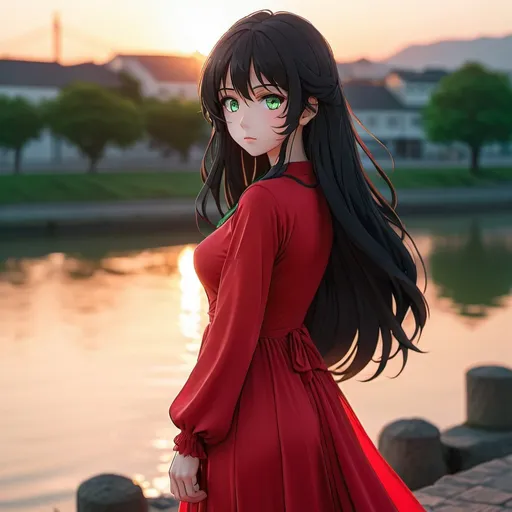 Prompt: Anime woman with long black hair and green eyes, wearing long red dress, full body view, extremely detailed, during a sunset, riverside, extremely detailed anime eyes and face, anime style, cinematic lighting, 8k uhd, dslr, soft lighting, high quality, film grain, Fujifilm XT3