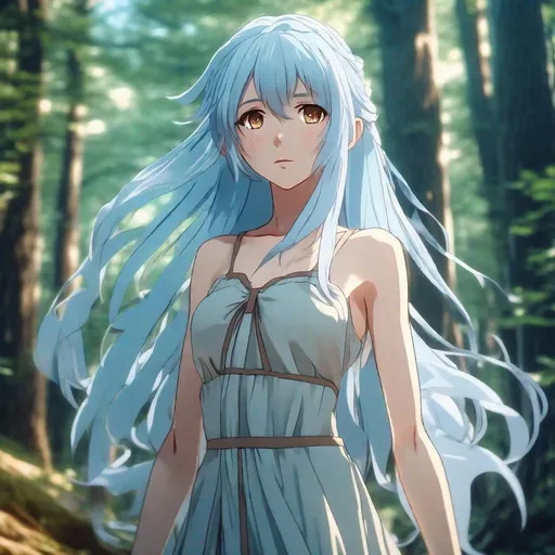 Prompt: Anime woman with long pale blue hair and light brown eyes, wearing flowy dress, full body view, extremely detailed, during the day, forest, extremely detailed anime eyes and face, anime style, cinematic lighting, 8k uhd, dslr, soft lighting, high quality, film grain, Fujifilm XT3