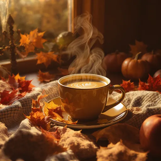 Prompt: a fall themed image with cozy atmosphere, leaves and steaming coffee