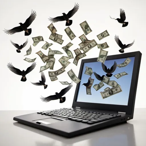 Prompt: A computer is showing dollar, euro and pounds that fly out into birds