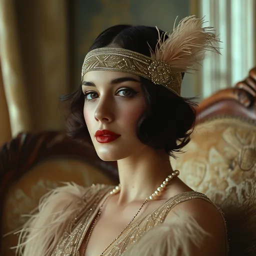 Prompt: A portrait of a woman in 1920s fashion, wearing a beaded flapper dress, pearls, and a feathered headband, seated in an opulent art deco interior, with a classic smoky eye makeup and red lipstick. Soft, ambient lighting from a chandelier above, creating subtle shadows on her face, hd quality, natural look