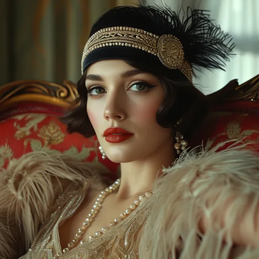 Prompt: A portrait of a woman in 1920s fashion, wearing a beaded flapper dress, pearls, and a feathered headband, seated in an opulent art deco interior, with a classic smoky eye makeup and red lipstick. Soft, ambient lighting from a chandelier above, creating subtle shadows on her face, hd quality, natural look