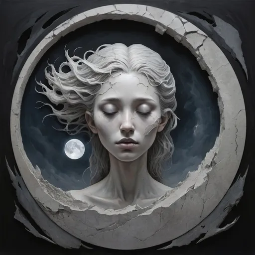 Prompt: This is a digital artwork depicting an ethereal, surreal scene of a moon-like figure emerging from a broken, crumbling circle. The moon-like figure has a serene, almost haunting expression, with closed eyes and a smooth, pale complexion. Its face is intricately detailed, featuring intricate, swirling patterns that resemble the texture of a lunar surface. The right side of its face is more defined, with a prominent, circular, swirling pattern that appears to be a representation of a moon crater. The background is a dark, stormy sky filled with dense, swirling clouds, creating a dramatic and ominous atmosphere. The sky is a mix of dark grays and blacks, with subtle hints of blue and white near the horizon, where the sun is partially visible. The broken circle surrounding the moon-like figure is jagged and uneven, with cracks and shards of stone extending into the sky, adding to the sense of chaos and destruction. The overall style of the artwork is highly detailed and realistic, with a focus on texture and depth. The colors are muted, with a heavy emphasis on shades of gray and black, enhancing the dark, mystical tone of the scene. The artwork evokes a sense of mystery and otherworldliness, blending elements of fantasy and science fiction.
