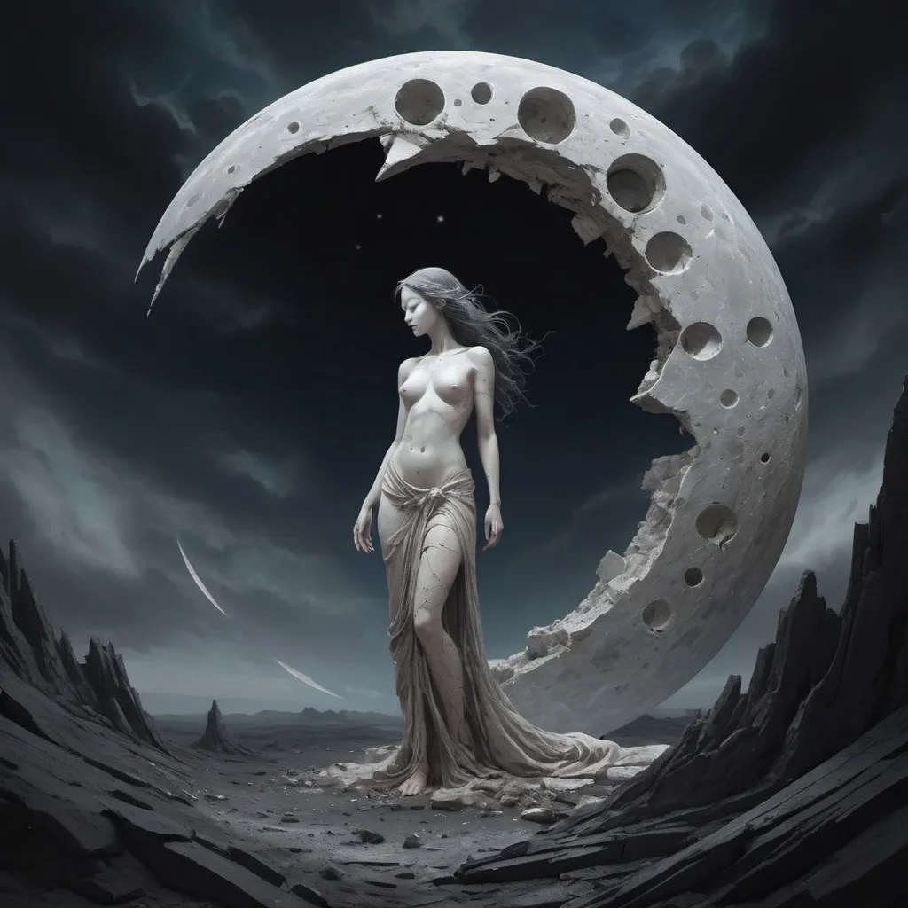 Prompt: This is a digital artwork depicting an ethereal, surreal scene of a moon-like figure emerging from a broken, crumbling circle. The moon-like figure has a serene, almost haunting expression, with closed eyes and a smooth, pale complexion. Its face is intricately detailed, featuring intricate, swirling patterns that resemble the texture of a lunar surface. The right side of its face is more defined, with a prominent, circular, swirling pattern that appears to be a representation of a moon crater. The background is a dark, stormy sky filled with dense, swirling clouds, creating a dramatic and ominous atmosphere. The sky is a mix of dark grays and blacks, with subtle hints of blue and white near the horizon, where the sun is partially visible. The broken circle surrounding the moon-like figure is jagged and uneven, with cracks and shards of stone extending into the sky, adding to the sense of chaos and destruction. The overall style of the artwork is highly detailed and realistic, with a focus on texture and depth. The colors are muted, with a heavy emphasis on shades of gray and black, enhancing the dark, mystical tone of the scene. The artwork evokes a sense of mystery and otherworldliness, blending elements of fantasy and science fiction.
