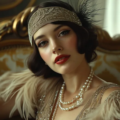 Prompt: A portrait of a woman in 1920s fashion, wearing a beaded flapper dress, pearls, and a feathered headband, seated in an opulent art deco interior, with a classic smoky eye makeup and red lipstick. She throws her head back,laughing. Soft, ambient lighting from a chandelier above, creating subtle shadows on her face, hd quality, natural look