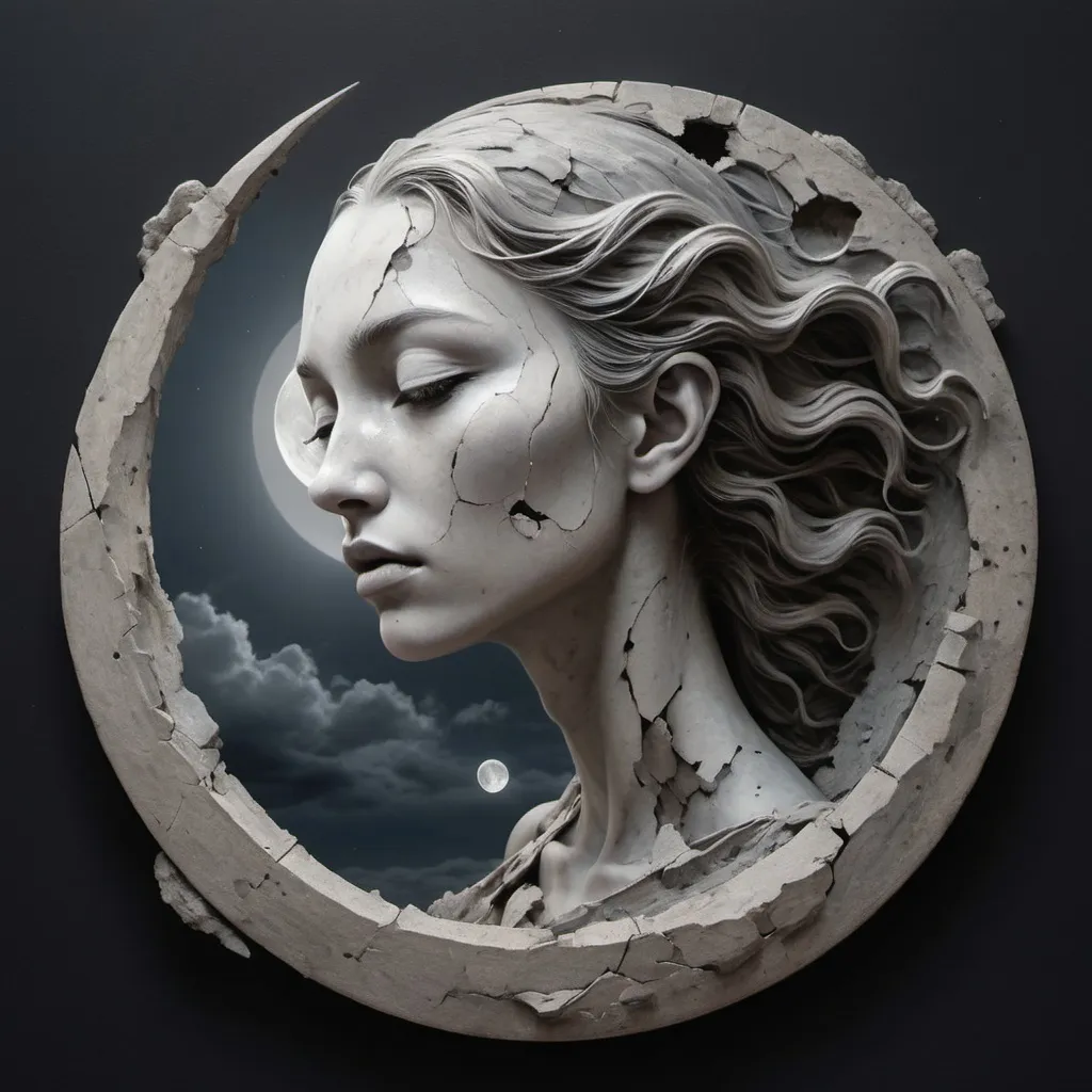 Prompt: This is a digital artwork depicting an ethereal, surreal scene of a moon-like figure emerging from a broken, crumbling circle. The moon-like figure has a serene, almost haunting expression, with closed eyes and a smooth, pale complexion. Its face is intricately detailed, featuring intricate, swirling patterns that resemble the texture of a lunar surface. The right side of its face is more defined, with a prominent, circular, swirling pattern that appears to be a representation of a moon crater. The background is a dark, stormy sky filled with dense, swirling clouds, creating a dramatic and ominous atmosphere. The sky is a mix of dark grays and blacks, with subtle hints of blue and white near the horizon, where the sun is partially visible. The broken circle surrounding the moon-like figure is jagged and uneven, with cracks and shards of stone extending into the sky, adding to the sense of chaos and destruction. The overall style of the artwork is highly detailed and realistic, with a focus on texture and depth. The colors are muted, with a heavy emphasis on shades of gray and black, enhancing the dark, mystical tone of the scene. The artwork evokes a sense of mystery and otherworldliness, blending elements of fantasy and science fiction.
