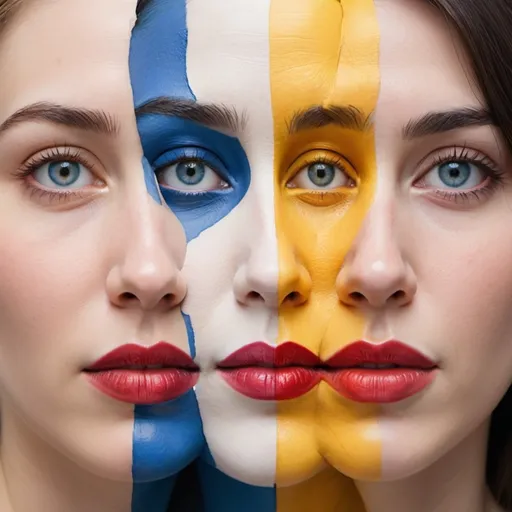 Prompt: Create an image depicting three female faces shown side by side in close-up, each with a distinct different color scheme split down the middle of their faces in an arc. The left face is divided between blue and white, the middle face between red and white, and the right face between yellow and black. All three faces have similar features, with pale skin, striking red lips, and a single intense, expressionless pair of shared eyes. The texture of their skin is rough and painterly, with visible brushstrokes, giving it a surreal and abstract quality. The faces are tightly cropped and overlapping, creating a symmetrical and somewhat unsettling visual effect.