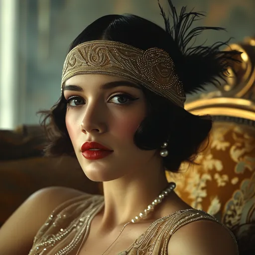 Prompt: A portrait of a woman in 1920s fashion, wearing a beaded flapper dress, pearls, and a feathered headband, seated in an opulent art deco interior, with a classic smoky eye makeup and red lipstick. Soft, ambient lighting from a chandelier above, creating subtle shadows on her face, hd quality, natural look