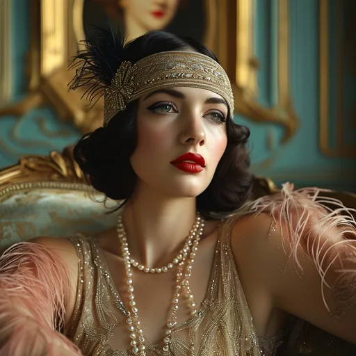 Prompt: A portrait of a woman in 1920s fashion, wearing a beaded flapper dress, pearls, and a feathered headband, seated in an opulent art deco interior, with a classic smoky eye makeup and red lipstick. Soft, ambient lighting from a chandelier above, creating subtle shadows on her face, hd quality, natural look