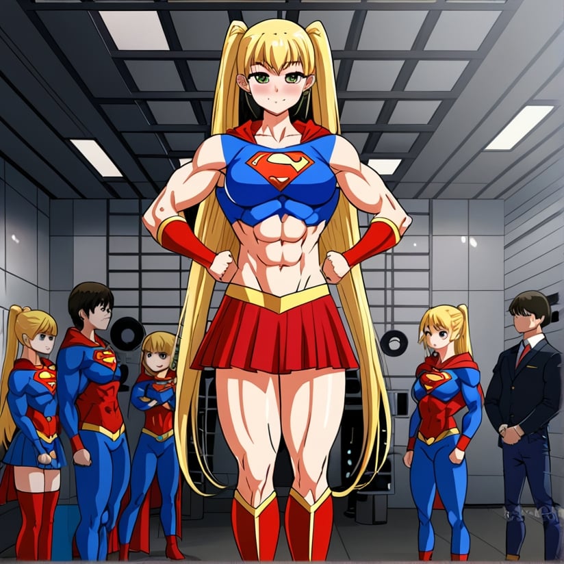 Prompt: anime,anime, supergirlgirl, detailed, golden twin ponytail hair, shy,loli， very detailed，1.9meters tall，fullbody，muscle，abs，20cm high heel boots