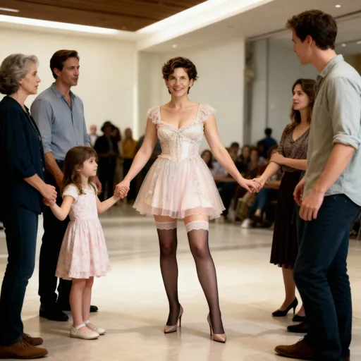Prompt: Romantic 
A Photorealistic photo of me explaining to my adult brothers and sisters that I am transgender and I have been living as a woman for over a year as they circle around me and listen intently.   

Family setting amongst adult brothers and sisters, I am holding hands with a niece 

Me coming out to my family as trans wearing a short delicate feminine dress, stockings. feminine with heels. It is the first time my family has seen me as a woman 

Full body
Cleavage
my face is exactly like the image reference 
Preserve face and body size and type exactly


