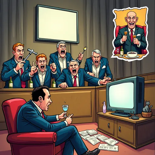Prompt: "Une illustration satirique du chaos à l'Assemblée Nationale française : des députés  fictifs hurlent en brandissant des pancartes, avec des bouteilles de vin et des verres visibles sur les bureaux en bois. deux politiciens , figés, ont les yeux exorbités et la bouche ouverte en plein discours. Un écran géant montre une personnalité importante fictive fixant l'assemblée avec un regard intense. Au premier plan, une femme, rouge de frustration, frappe désespérément avec son marteau sur son pupitre.
Dans une vignette (en haut à droite), la cantine luxueuse du Sénat : un sénateur satisfait sirote un Bordeaux dans un décor chaleureux aux chandeliers. En contraste, une scène en bas : un salon modeste où un citoyen épuisé regarde le chaos à la télévision, tenant un verre d'eau pétillante avec un comprimé de paracétamol qui se dissout. Des factures et un chat endormi sont posés sur la table. Style cartoon, couleurs vives, expressions exagérées, éclairage dramatique."
