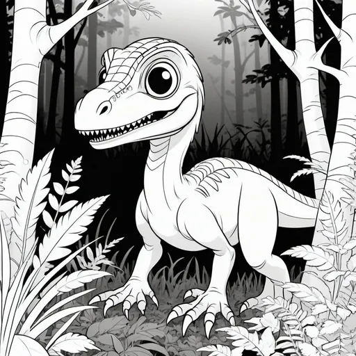 Prompt: cute Pixar cartoon style, outline of a black and white Velociraptor lurking in the undergrowth, in magic forest, white background, full page no borders, coloring book style, thick black lines, white body, Pixar style --ar 2:3 --q 2 --v 5