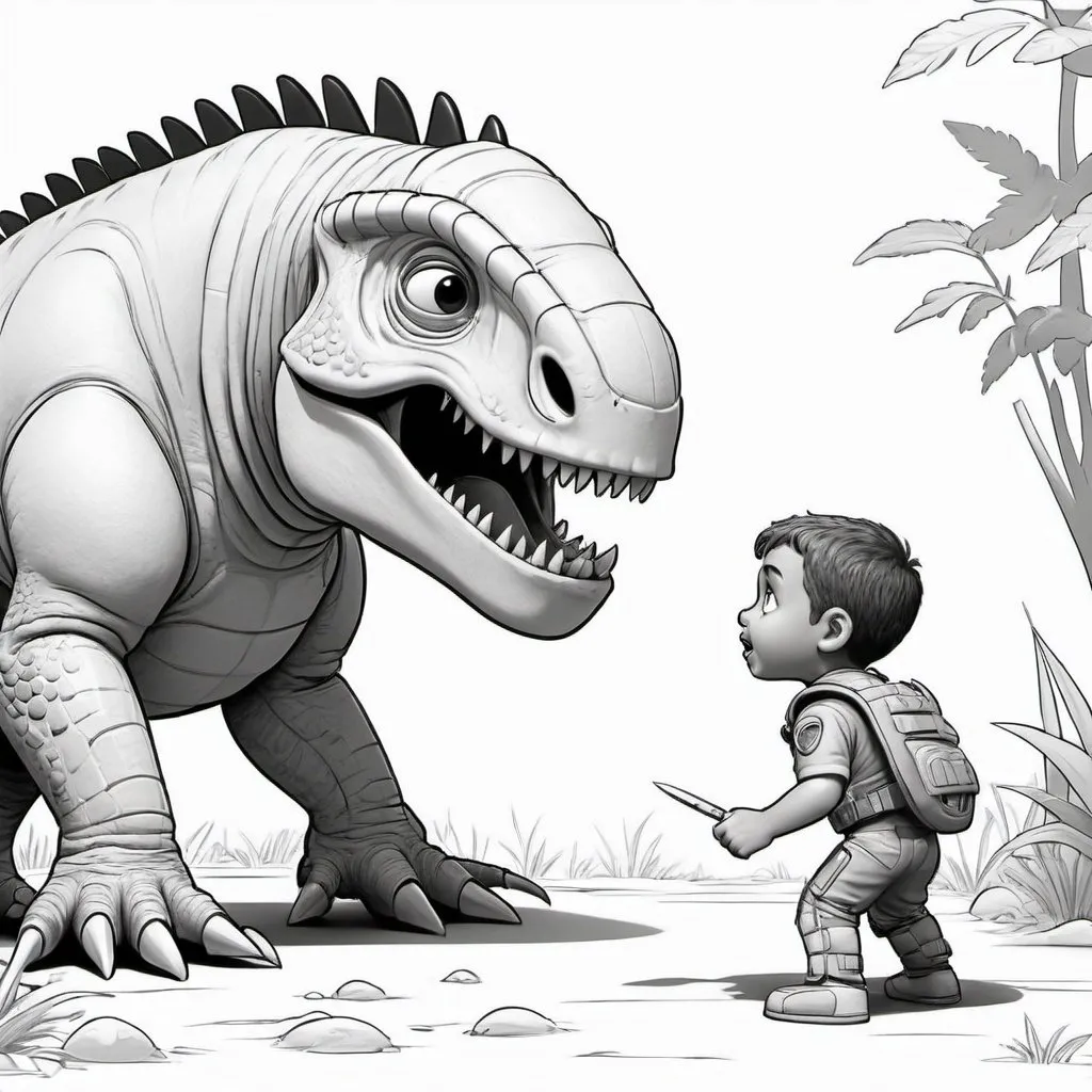 Prompt: cute Pixar cartoon style, Euoplocephalus facing off against a predator, fully white body with no internal body shadows, a child near him, white background, sharpen, full page no borders, coloring book style, thick black lines Pixar style. Aim for simplicity and clean continuous lines, making this coloring page an appealing and easy - to - color design for teens. --ar 2:3 --q 2 --v 5