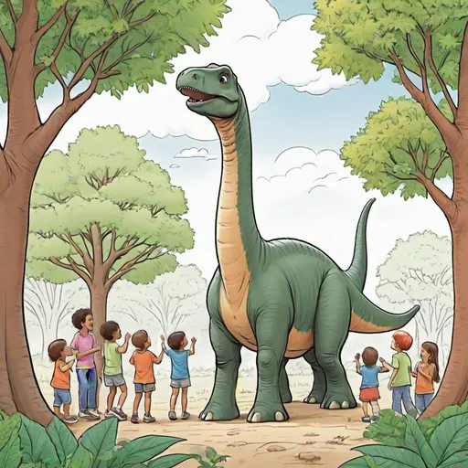 Prompt: coloring book page for kids of a Brachiosaurus reaching for leaves from a tall tree with children around, cute -- v 5