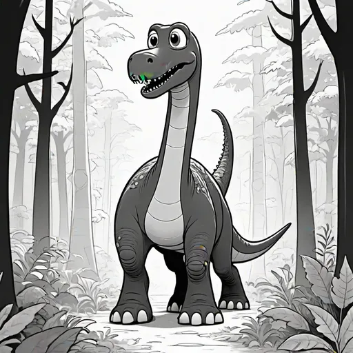 Prompt: cute Pixar cartoon style, outline of a black and white Diplodocus walking majestically, in magic forest, white background, full page no borders, coloring book style, thick black lines, white body, Pixar style --ar 2:3 --q 2 --v 5