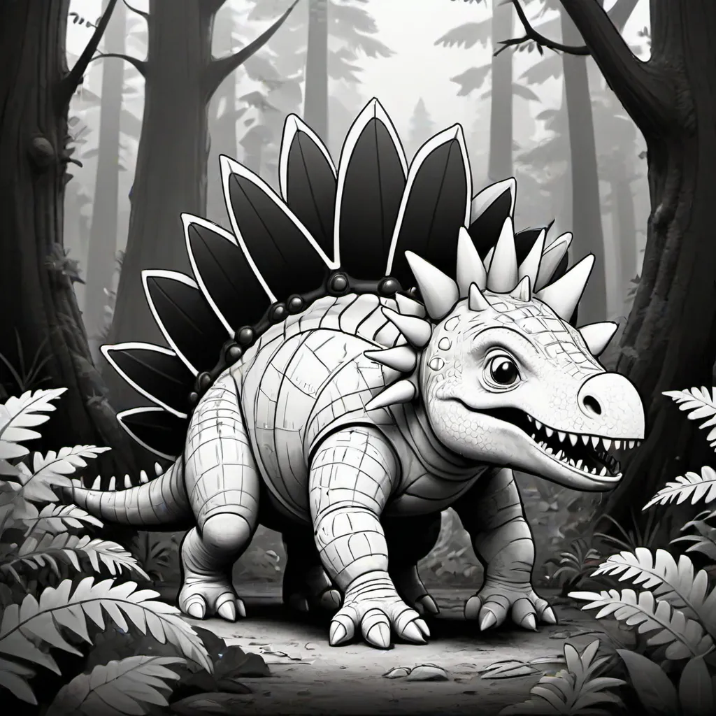 Prompt: cute Pixar cartoon style, outline of a black and white Stegosaurus with its dorsal plates displayed, in magic forest, white background, full page no borders, coloring book style, thick black lines, white body, Pixar style --ar 2:3 --q 2 --v 5
