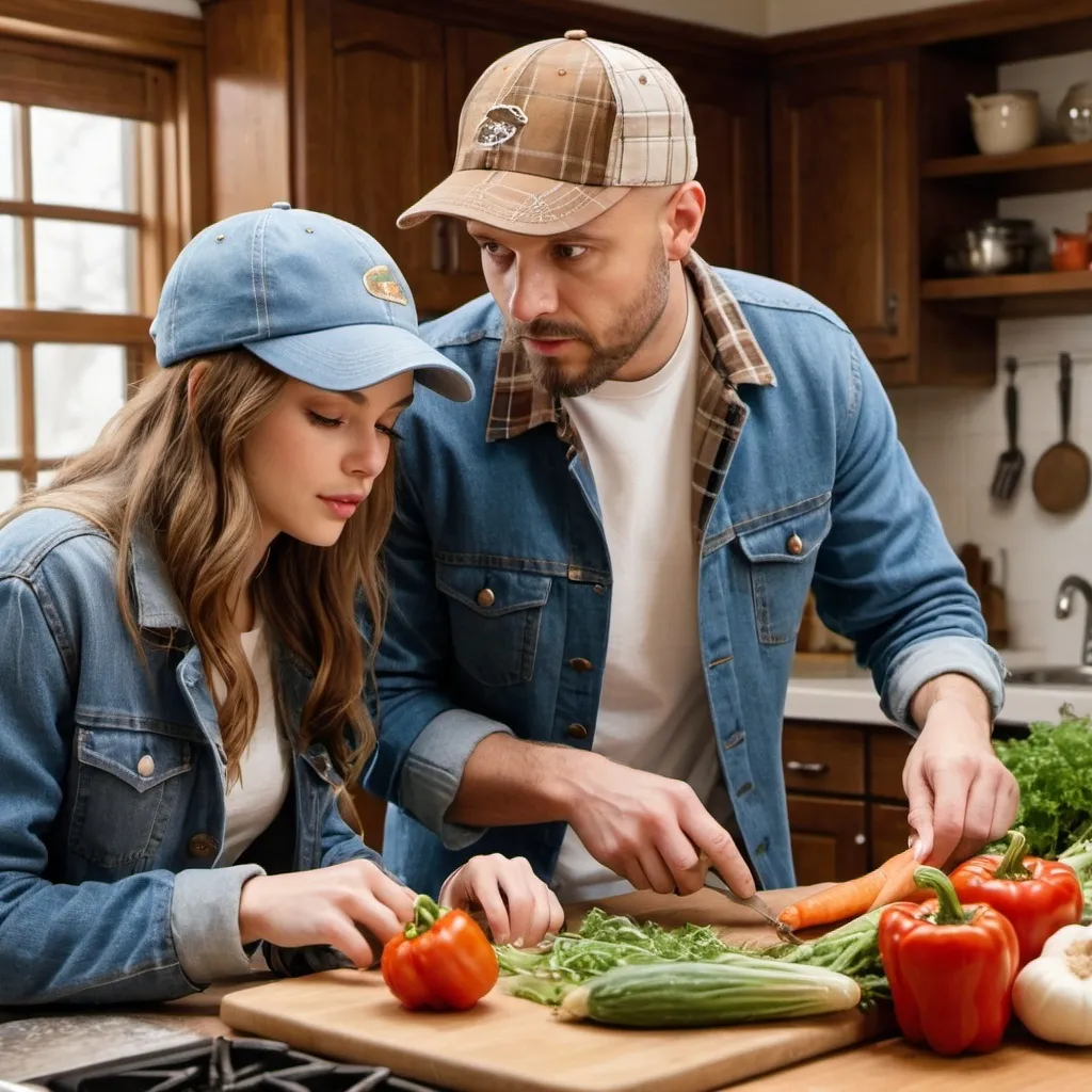 Prompt:  a bald white man with brown eyes and stubble short beard wearing a  plaid blue shirt and a wildlife cap and a white girl with long light warm brown hair, thin lips  and brown eyes wearing a denim jacket cooking together. the table is full of vegetables.