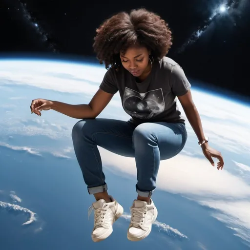 Prompt: A black woman wearing jean looking down at her sneakers as she is raptured up above the earth in space on her way to heaven. Make the picture look like a realistic
 photo 