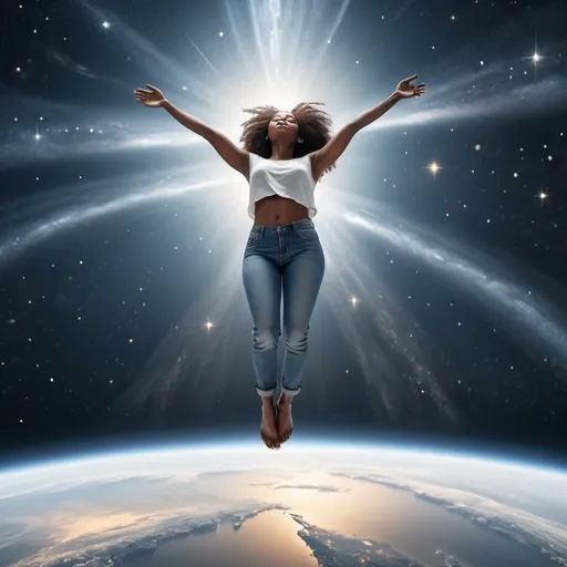 Prompt: A black woman wearing jeans looking down at her feet as she is floating above the earth in space. Her arms and legs are straight with. She is on her way to heaven because she has been raptured