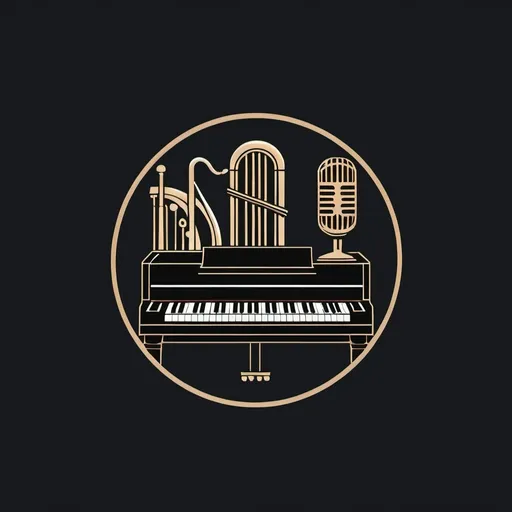 Prompt: a minimalist logo design, with a Hammond B3 organ, microphone stand, saxophone and drumset