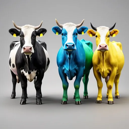 Prompt: draw three cows standing side by side. The first one is yellow with blue horns and a blue udder. The second one is black with yellow horns and a yellow udder. The third one is green with white horns and a white udder. 3d