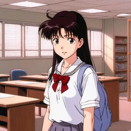 Prompt: 1990s anime screencap, a school girl, anime scen