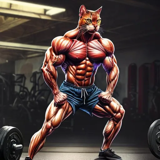 Prompt: Muscular cat in a gym, realistic oil painting, intense workout, defined muscles, powerful stance, high quality, realistic, dramatic lighting, strong and vibrant colors