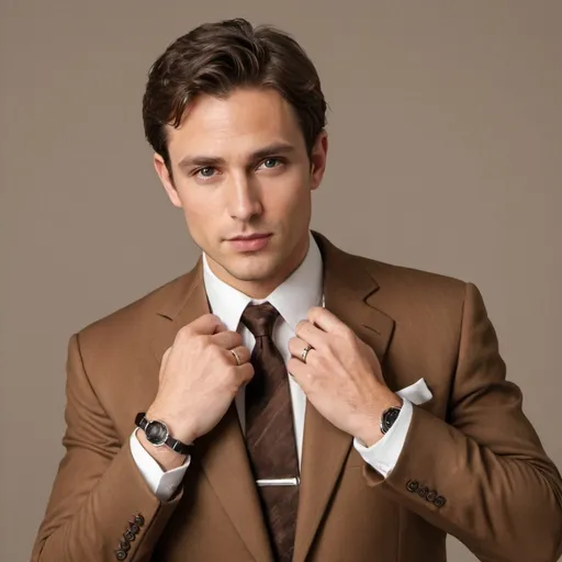 Prompt: Handsome Man, with  brown hair, wearing a brown suit and tie ,wearing a ring on each finger