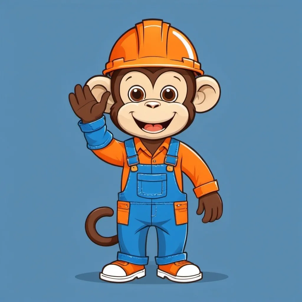 Prompt: construction monkey with blue overalls and orange shirt. flat cartoon style 2d. waving his open hand happily.
