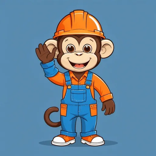 Prompt: construction monkey with blue overalls and orange shirt. flat cartoon style 2d. waving his open hand happily.
